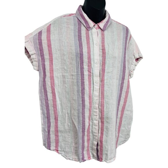 Beach Lunch Lounge Pink Purple Stripe Linen Cotton Short Sleeve Shirt Medium M - Picture 2 of 8